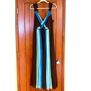 Silk Chiffon Maxi Dress blue & aqua, dk brown ~2x